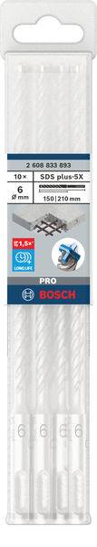 Verpakking met tien Bosch SDS plus-5X boren, diameter 6 mm, lengte 150/210 mm, geoptimaliseerd voor beton en metselwerk.