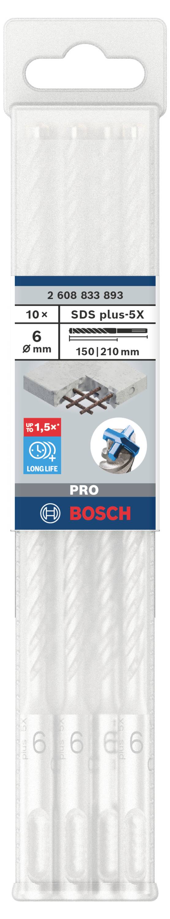 Verpakking met vijf witte SDS Plus GX boren, Bosch merk. Afmeting: 10x150/210 mm. Geschikt voor betonboringen.
