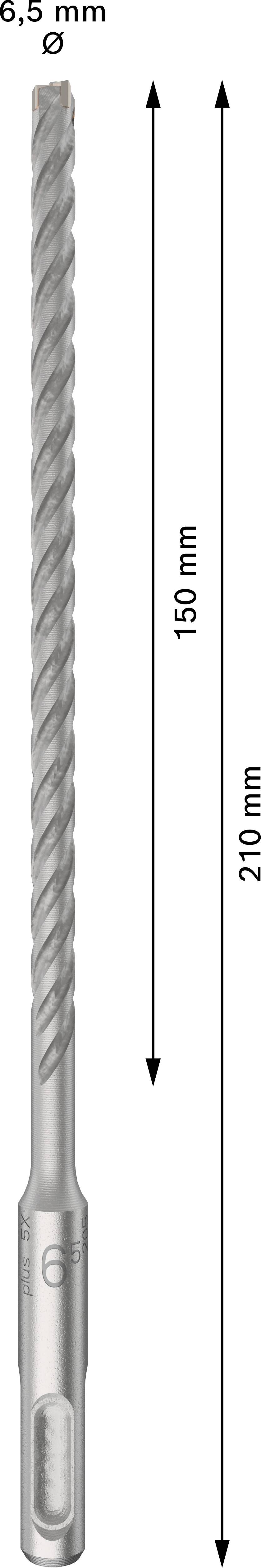 Een boor met een totale lengte van 210 mm, een werklengte van 150 mm en een diameter van 6,5 mm.