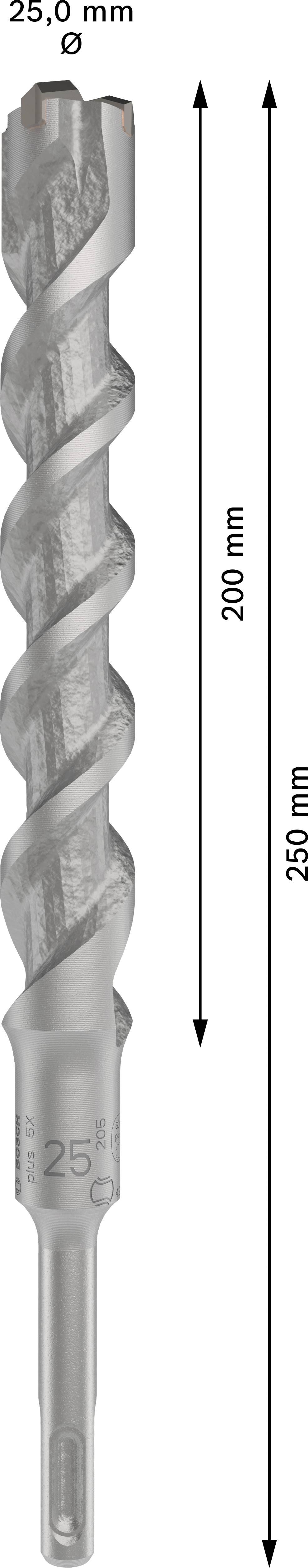 'Grijze spiraalboor met 25 mm diameter, totale lengte 250 mm, gebruikslengte 200 mm. Geschikt voor boren in metselwerk of beton.'