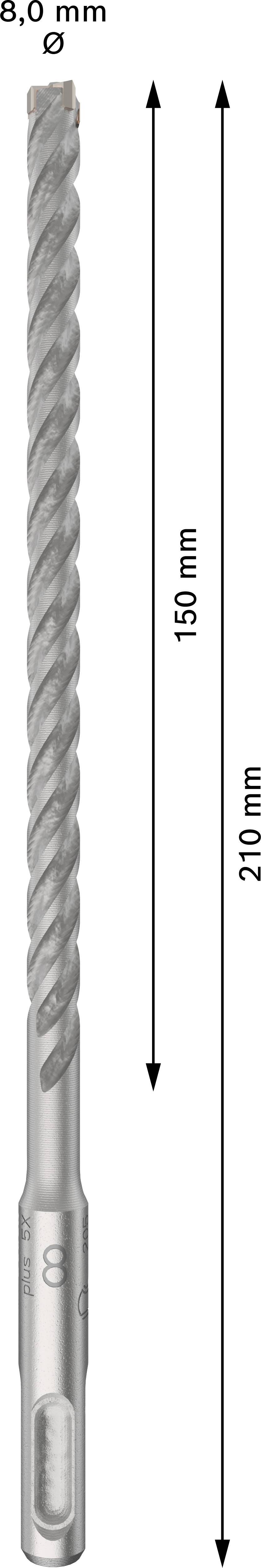 Een boor met een totale lengte van 210 mm en een werklengte van 150 mm, diameter 8 mm.