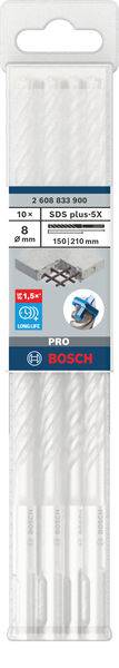 'Bosch Pro' SDS plus-5X-boorset met 10 boren, afmeting 150 x 210 mm, in een transparante verpakking met blauwe en rode accenten.