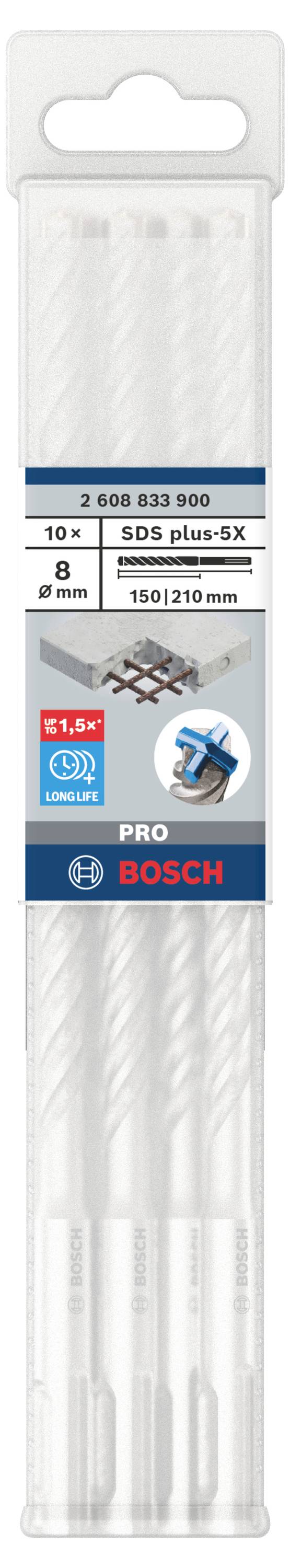 Een verpakking met vier SDS-Plus boren van het merk Bosch. Geschikt voor betonboringen, diameter 8 mm, lengte 150/210 mm.
