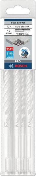 Verpakking met tien witte boren van het merk Bosch, type '5x 160/210 mm', geschikt voor beton en metselwerk.