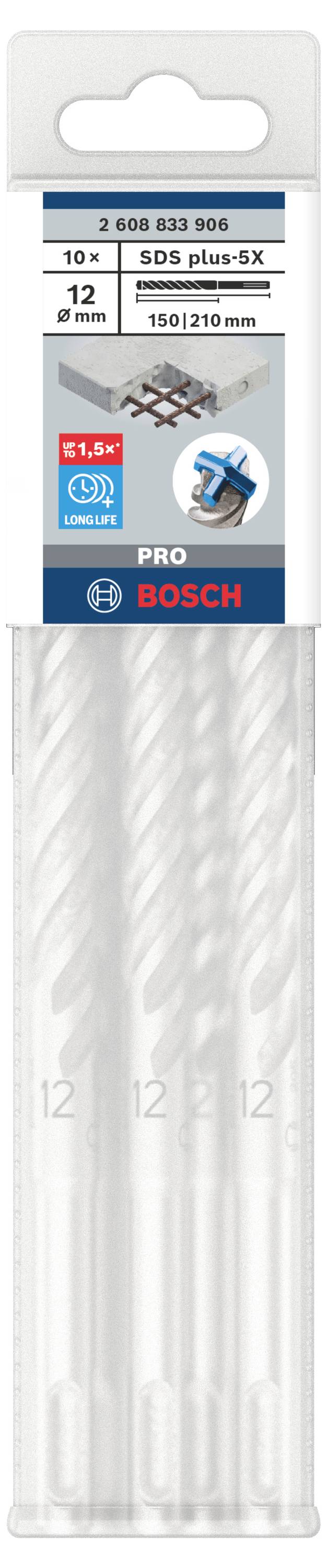 Verpakking met tien Bosch SDS Plus-5X boren, boorgat diameter 12 mm, lengte 150/210 mm, geschikt voor beton, metselwerk en steen.