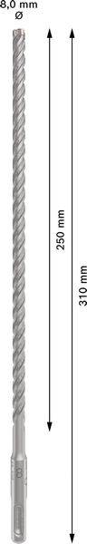 Boor met een lengte van 310 mm en een diameter van 8 mm, gemarkeerde boordiepte van 250 mm.