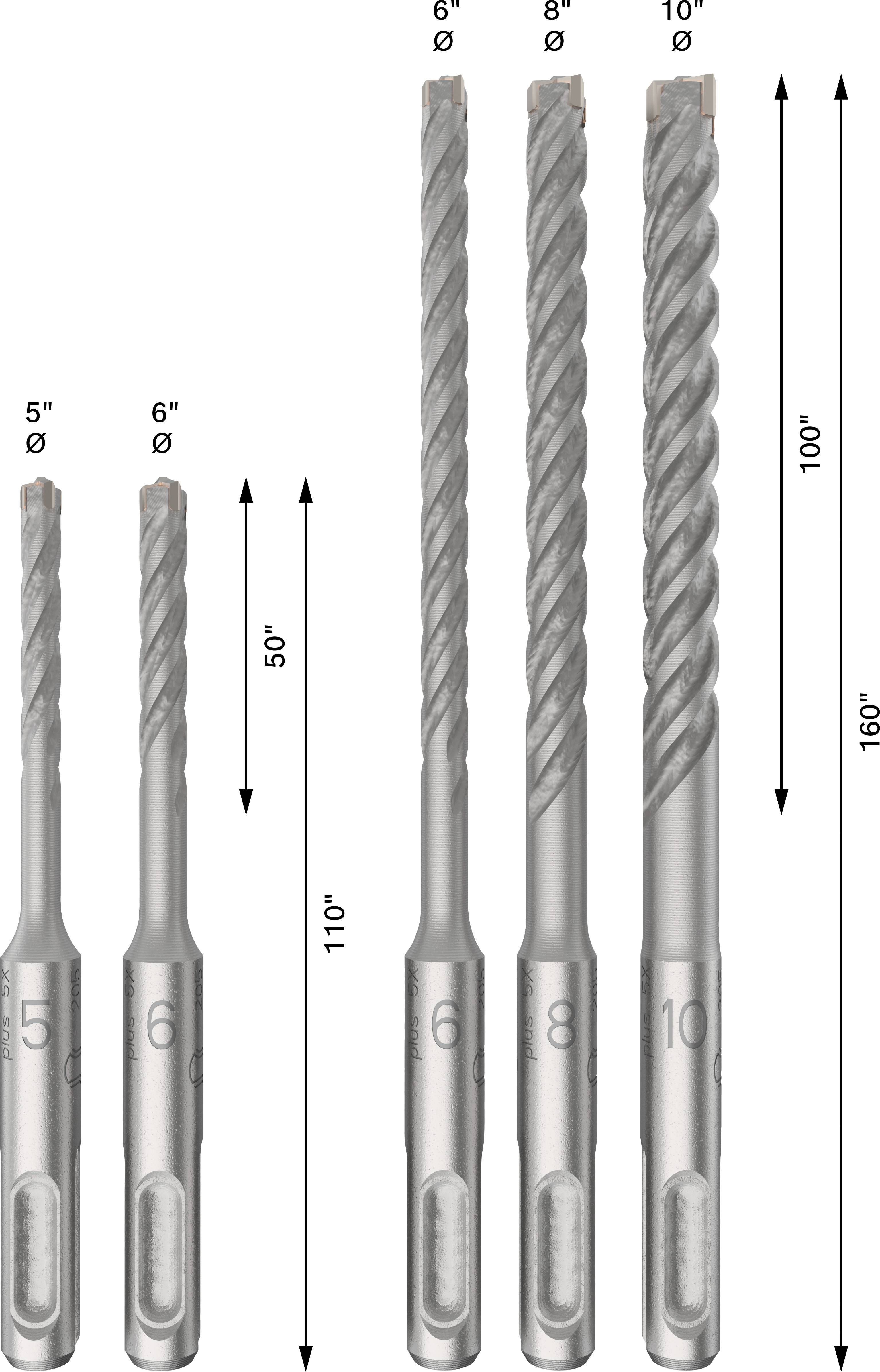 Vijf metaalboren van verschillende lengtes. Links korter (5" tot 6"), rechts langer (6" tot 10"). Lengteaanduidingen 50" tot 160".