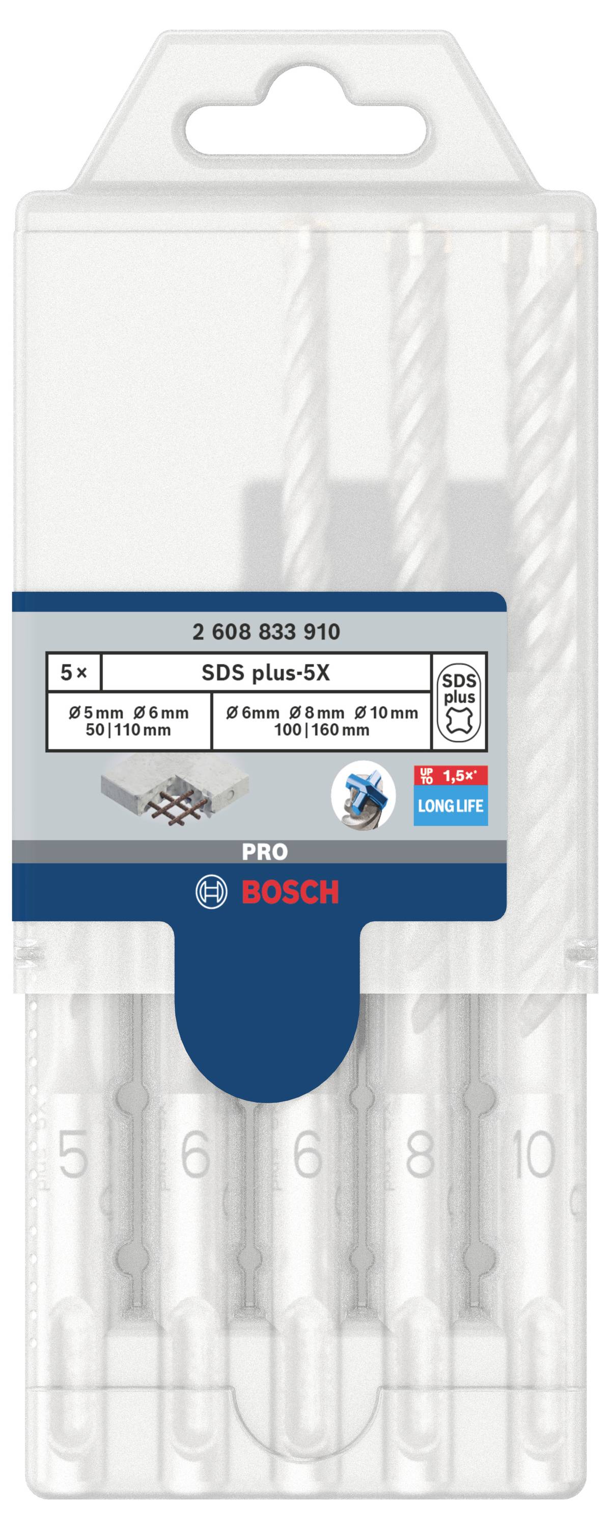 Een verpakking met vijf SDS plus-5X boren van Bosch, geschikt voor beton, in de maten: 5 mm, 6 mm, 8 mm, 10 mm.