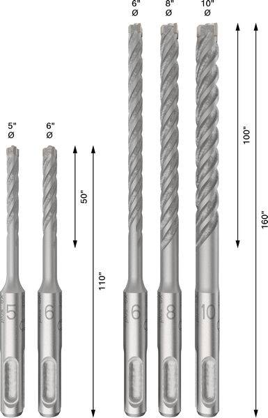 Vijf boren met verschillende diameter en lengte, variërend van 5 tot 10 mm in diameter en 50 tot 160 mm in lengte, naast elkaar geplaatst.