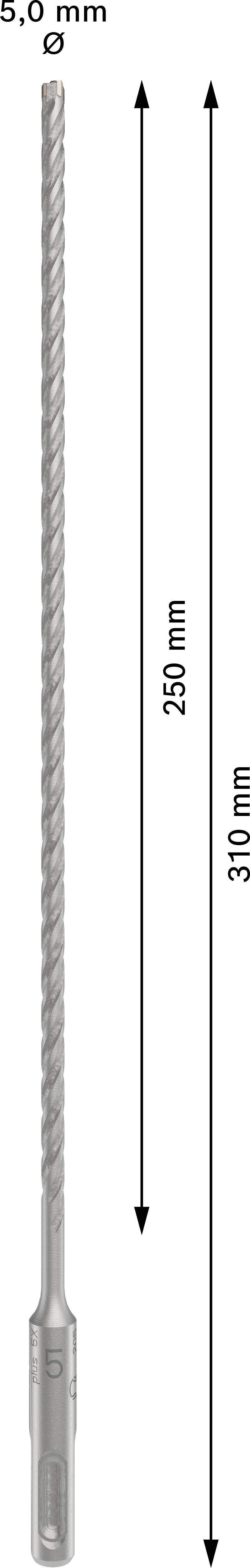 'Lange boor met Ø 5,0 mm, lengte 310 mm, geschikt voor diepere boringen.'
