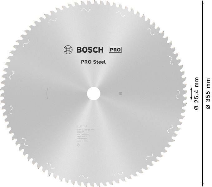 Cirkelzaagblad met merkenlogo, opschrift 'PRO Steel', diameter 355 mm, boring 25,4 mm. Geschikt voor professionele toepassingen.