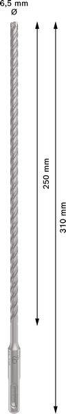 'Boor met spiraalgroeven, totale lengte 310 mm, werklengte 250 mm, diameter 6,5 mm.'