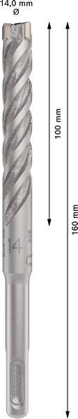 Boor toont afmetingen: totale lengte 160 mm, werklengte 100 mm, diameter 14 mm.
