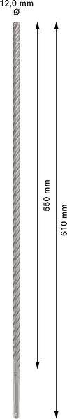 'Een boor met een diameter van 12,0 mm en een lengte van 610 mm. Het bruikbare boorgebied bedraagt 455 mm.'