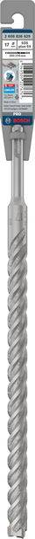 Een lange, grijze betonboor met spiraalvormige groeven en een etiket aan het bovenste uiteinde met productinformaties.