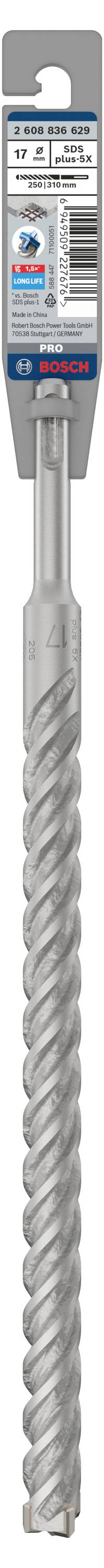 Een zilveren boor in verpakking, geschikt voor beton. Toont merk en afmeting. Verpakking bevat informatie en barcode bovenaan.