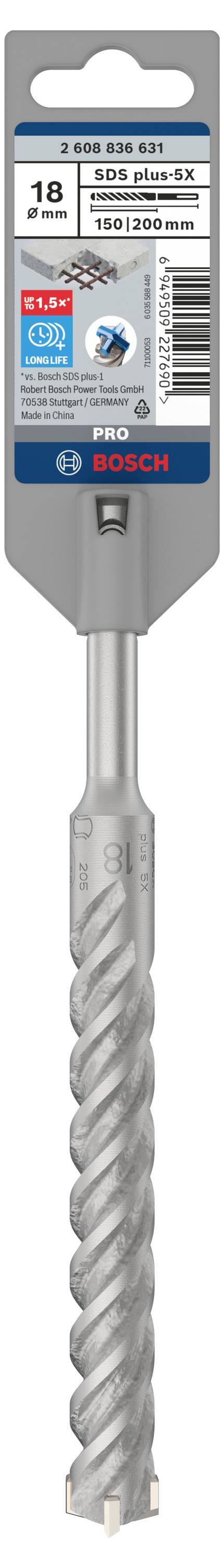 Bosch betonboor voor beton en metselwerk, 18x200 mm, SDS plus 5X, grijze verpakking, productverpakking en naam zichtbaar.