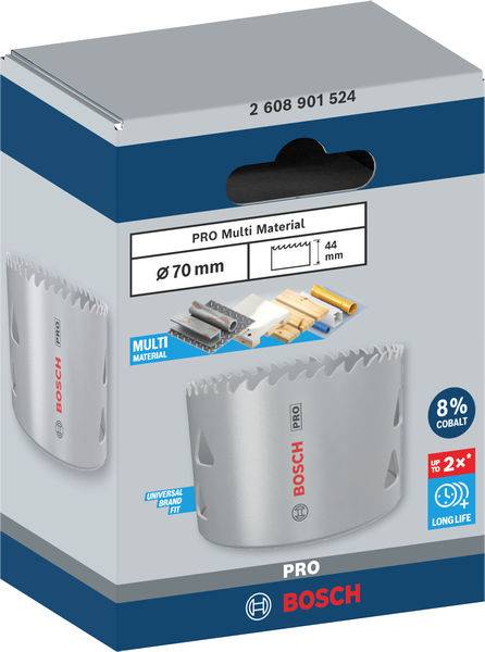 Verpakking van een Bosch gatzaag, 'Pro Multi Material', 70 mm diameter, geschikt voor verschillende materialen, 8% kobaltgehalte.