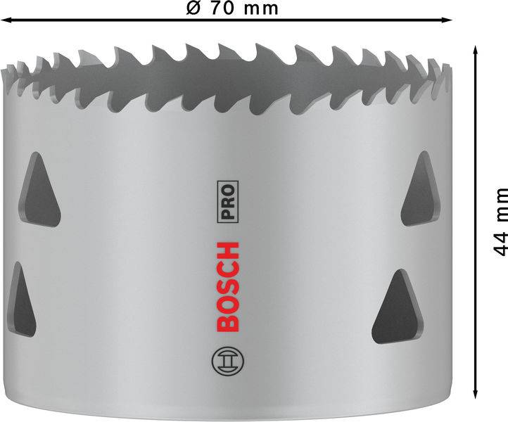 'Bosch Pro' gatenzaag met Ø 70 mm en 44 mm diepte, getande rand voor precisiewerk. Ideaal voor professionele toepassingen.