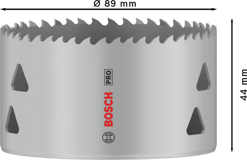 Metalen gatenzaag met scherpe tanden, Bosch-logo aan de zijkant, 89 mm diameter, 44 mm diepte. Geschikt voor precisiewerk.