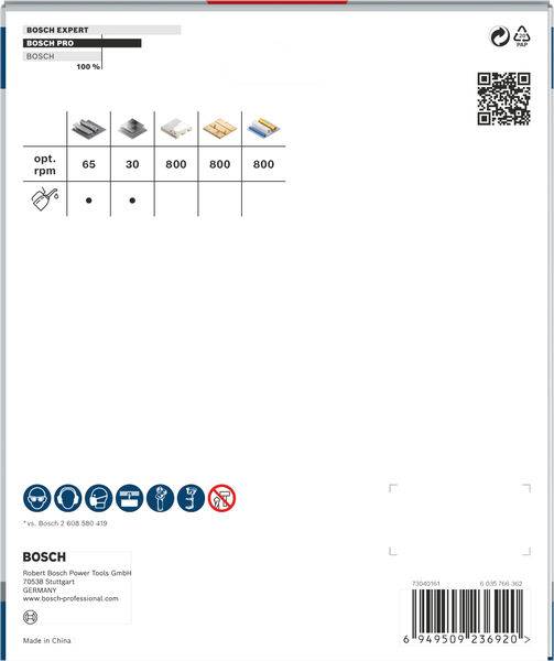 De verpakking toont een tabel met maximale toerental (opt. rpm) van 65, 30, 800 voor verschillende materialen en een QR-code.