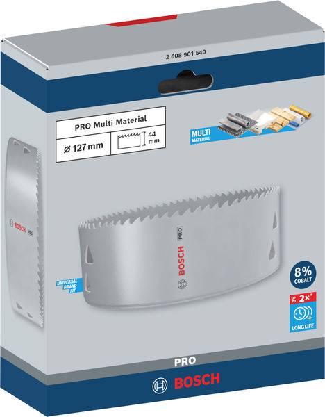 Verpakking van een Bosch gatenzaag voor PRO Multi Material, Ø 127 mm, hoogte 44 mm, vervaardigd uit 8% kobalt. Geschikt voor hout, metaal, kunststof.