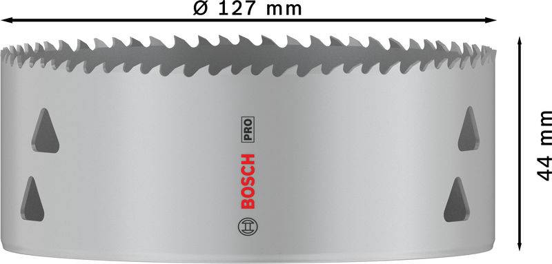 'Gatenzaag met diameter 127 mm en hoogte 44 mm. Grijze kleur, merk Bosch Pro.'