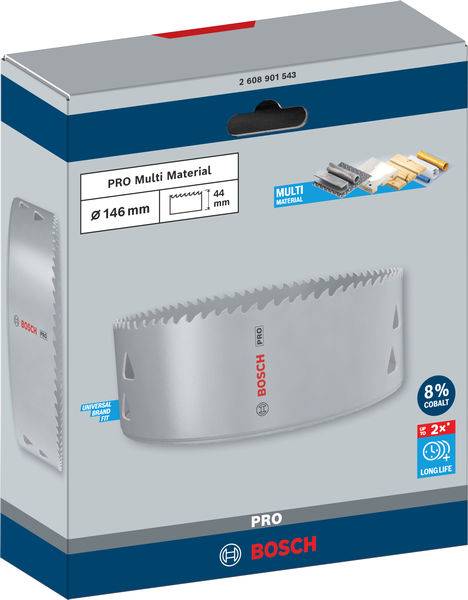Verpakking van een Bosch PRO gatenzaag Ø146 mm voor meerdere materialen, bevat afbeelding van de gatenzaag en vermelding van 8% kobaltgehalte.