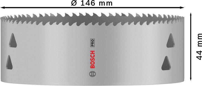 Grijze Bosch gatenzaag met 146 mm diameter en 44 mm diepte, geschikt voor professionele toepassingen.