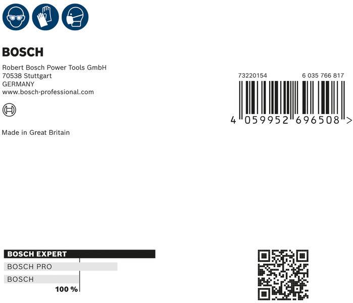 Achterkant van een Bosch-product met logo, productnummers, streepjescode, QR-code en fabrikantgegevens uit Stuttgart.