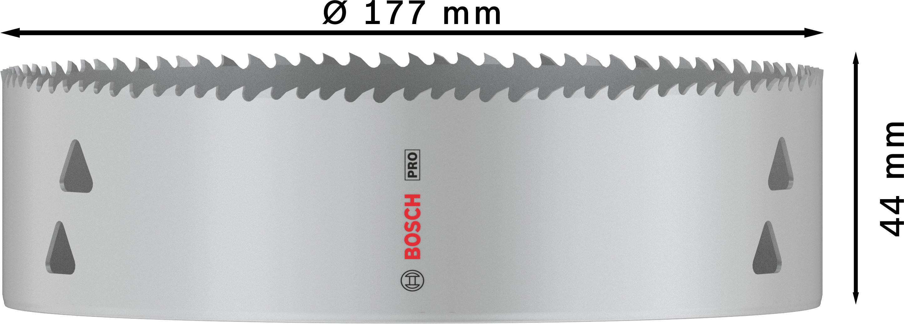 Metalen zaagblad met 177 mm diameter, 44 mm hoogte, Bosch-logo.