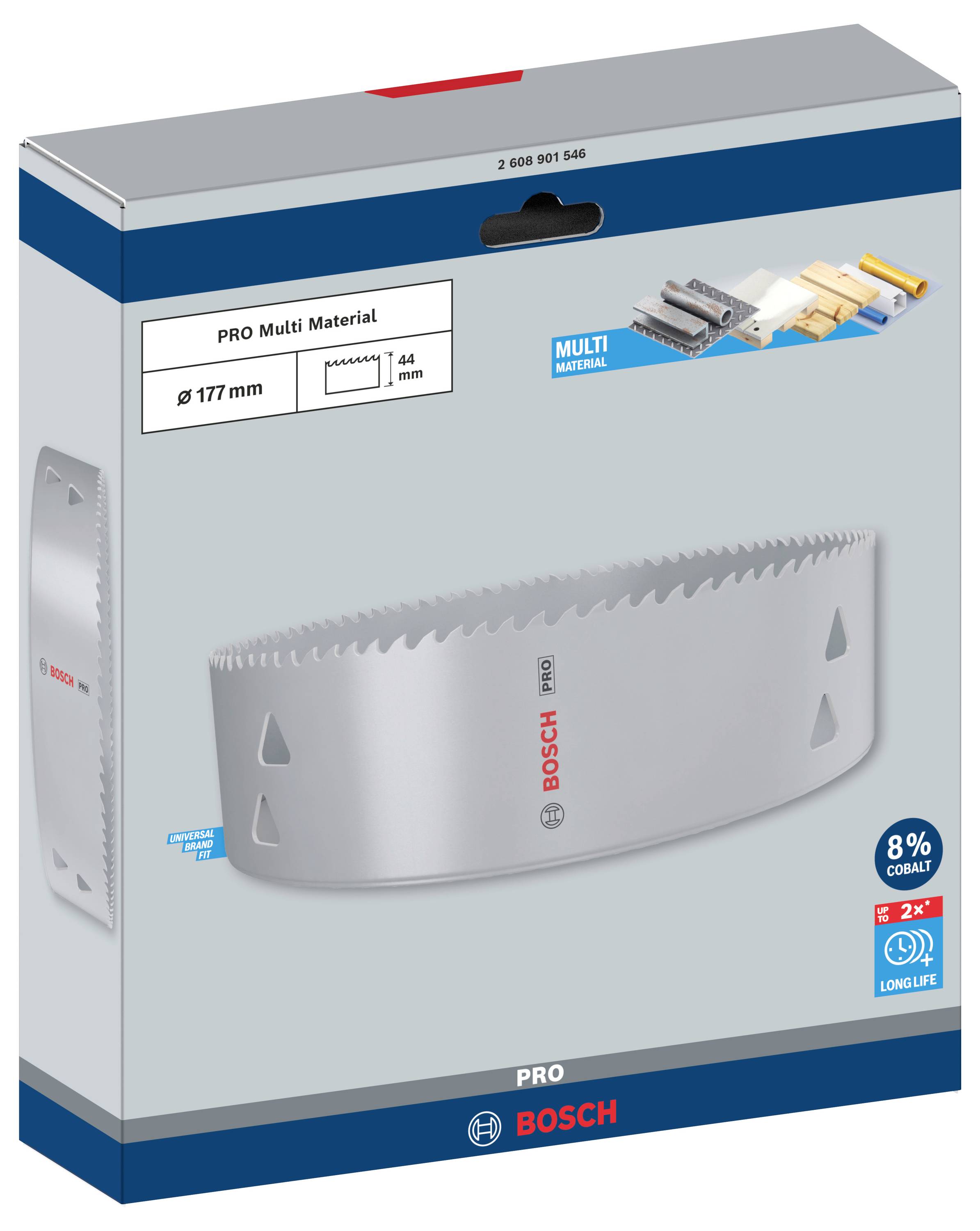 Verpakking van een Bosch PRO Multi Material gatenzaagopzetstuk, toont het product met 177 mm diameter en 44 mm zaagdiepte.