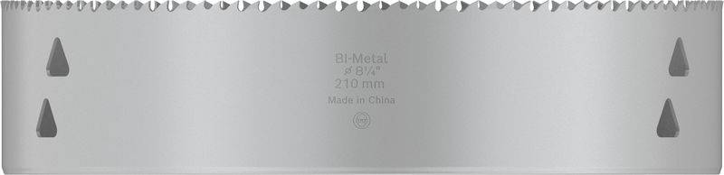 Grijze metalen opzetstuk met getande bovenkant, opschrift 'Bi-Metal', afmeting '210 mm', vervaardigd in China, voor technische doeleinden.