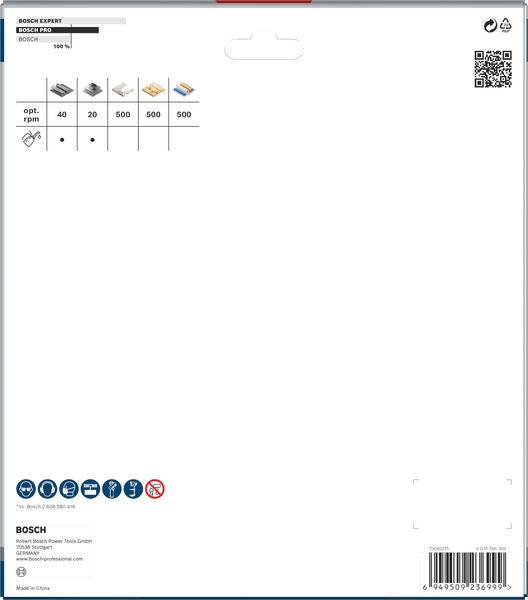 'Bosch Expert' etiket voor zaagblad. Boven: aanbevolen toerental 100 tpm, symbolen voor toepassingen. Onder: fabrikantinformatie.