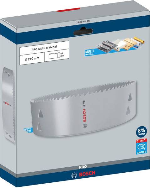 Verpakking van een Bosch zaagkrans 'PRO Multi Material' met 210 mm diameter, 44 mm zaagdiepte, geschikt voor verschillende materialen.