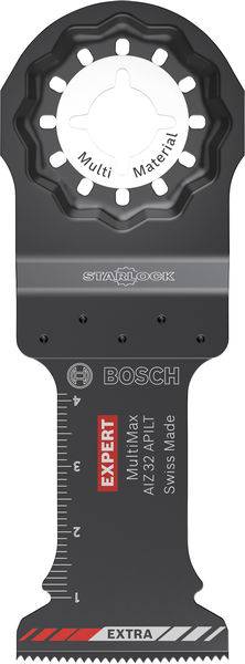 Multitool-zaagblad van Bosch voor 'Multi Materiaal'. Zwarte zaagblad met centimeter-markeringen, geschikt voor verschillende materialen.