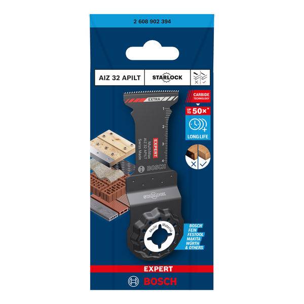 De afbeelding toont een verpakking van het Bosch Starlock Expert zaagblad, model AIZ 32 APILT, geschikt voor hout en andere materialen.