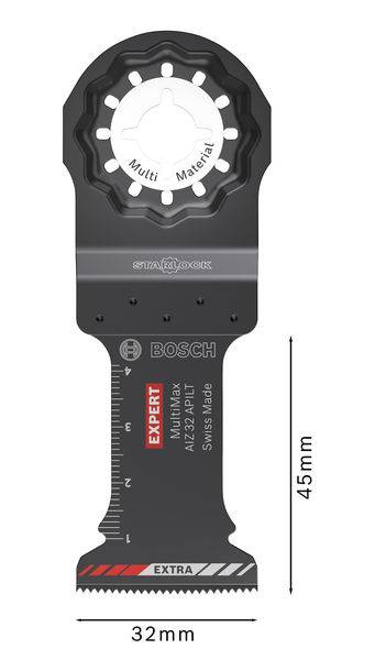 Zwart-grijs Bosch-multimaterialzaagblad, 45 mm lang, 32 mm breed, met maatindeling aan de linkerkant.