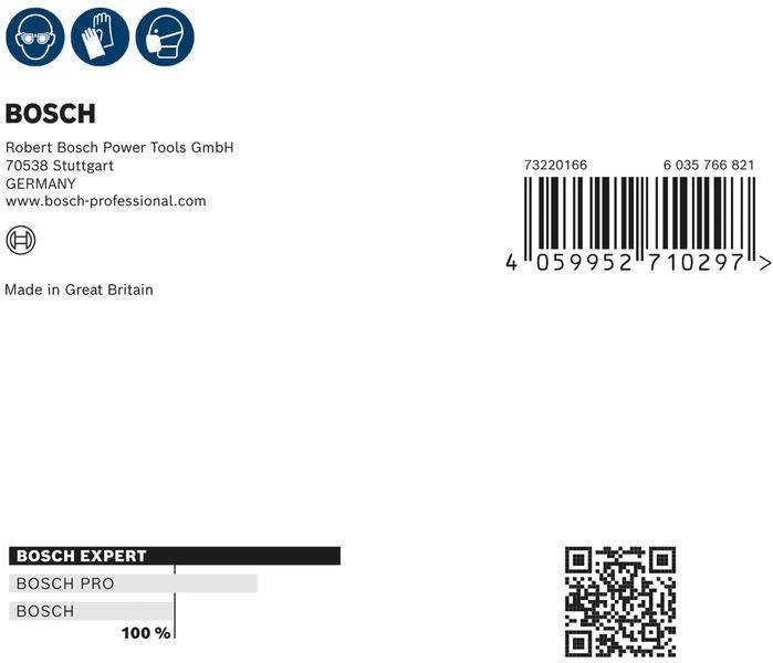 Etiket van een Bosch-verpakking met bedrijfsadres in Stuttgart, streepjescode, QR-code en vermelding van herkomst: 'Made in Great Britain'.
