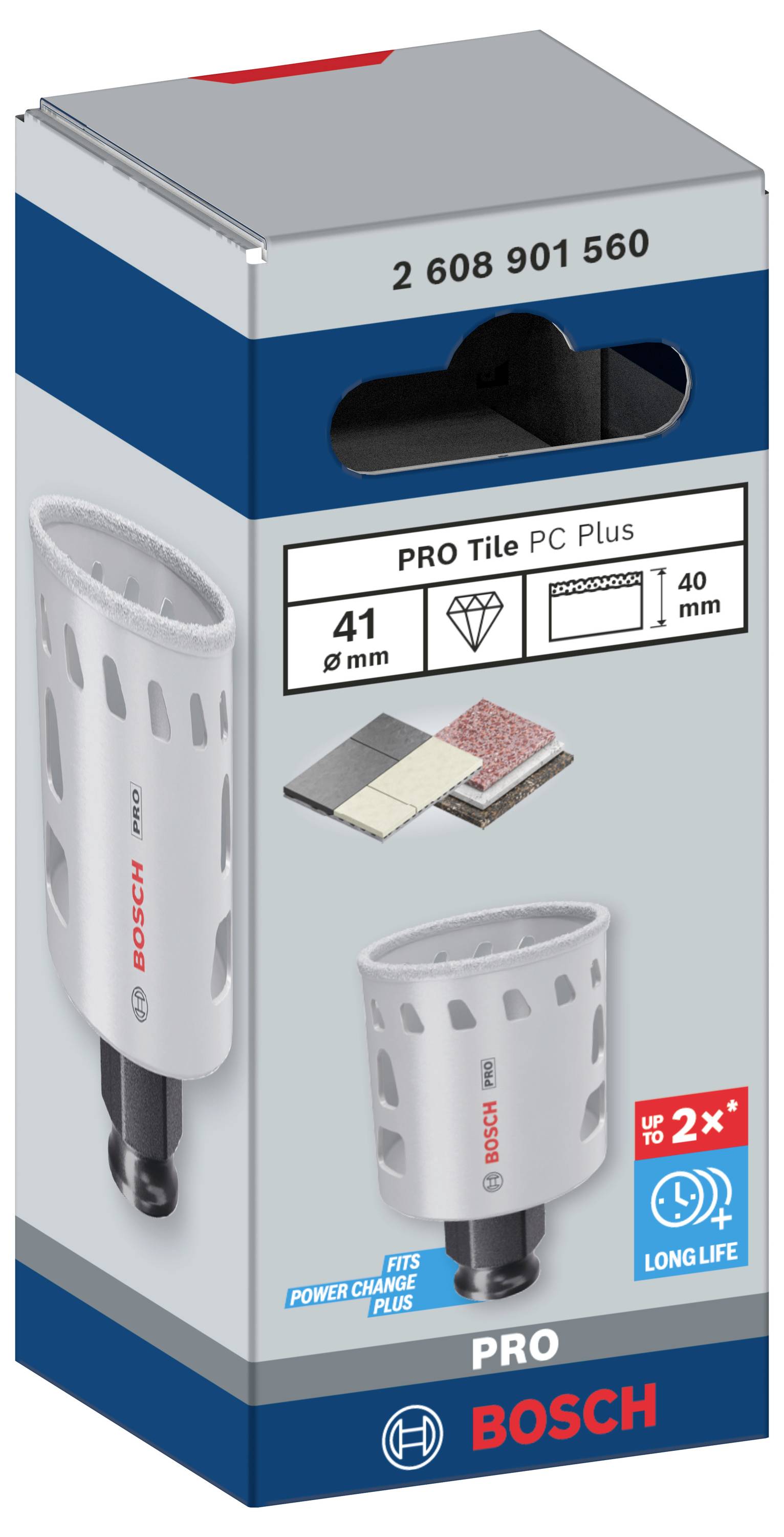 Verpakking van een Bosch PRO tegelboorkroon, 41 mm diameter, 40 mm diepte. Geschikt voor tegels, lange levensduur benadrukt.