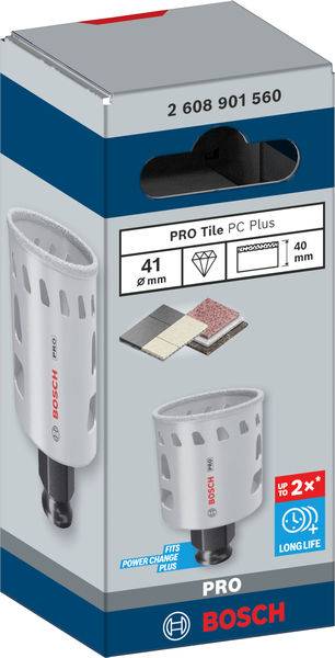 Verpakking van een Bosch Pro Tile PC Plus boor, 41 mm diameter, geschikt voor Power Change Plus. Gemarkeerd 'tot wel 2x langer.'