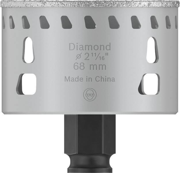 Diamantbezette boorenkroon, diameter 68 mm, gefabriceerd in China.