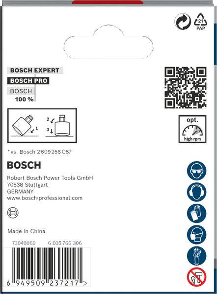 Achterkant van een Bosch-product-verpakking met QR-code, logo, streepjescode en symbolen voor aanbevelingen voor oog- en gehoorbescherming.