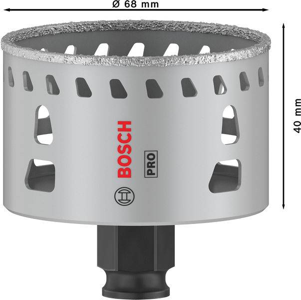 Bosch bimetalen gatenzaag, diameter 68 mm, hoogte 40 mm, met zijdelingse ventilatiesleuven en Pro-opdruk.
