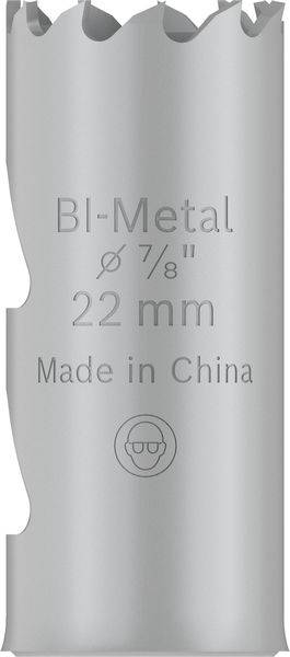 Grijze bi-metalen gatenzaag met opschrift 'Ø 7/8" 22 mm Made in China', geschikt voor boren in metaal.