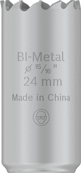 Zilver lochzaagblad met opdruk 'Bi-Metal Ø 15/16" 24 mm Made in China', geschikt voor metaalbewerking.