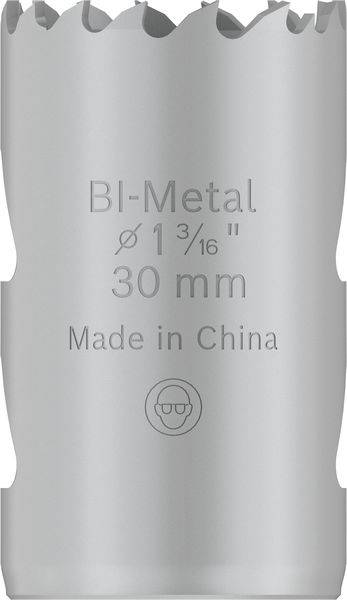 Zilveren gatenzaagblad met opschrift 'Bi-Metaal Ø1³⁄₁₆'' 30 mm Made in China'. Geschikt voor metaalbewerkingen.