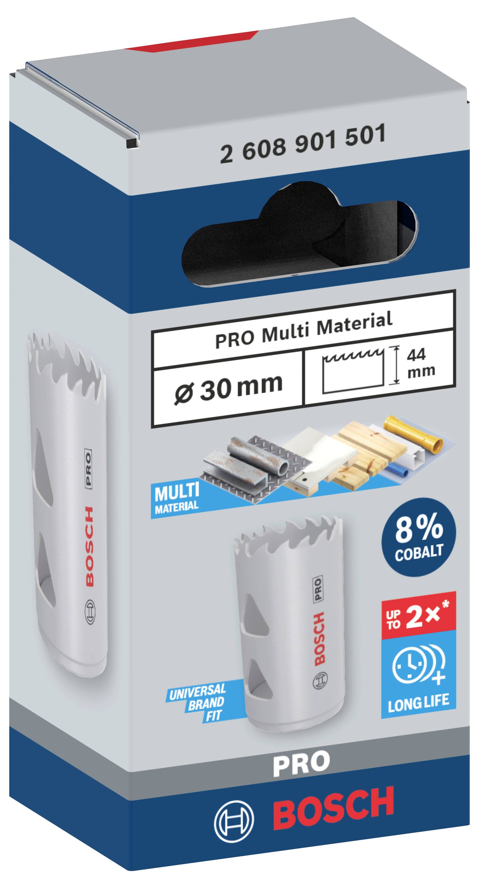 Een verpakking van Bosch gatenzagen met de opdruk 'Ø 30 mm' en 'PRO Multi Materiaal', toont materialen die kunnen worden doorgezaagd.