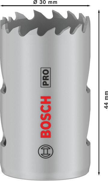 Metaalzaagkroon met 30 mm diameter en 44 mm lengte, zilver design, merknaam 'Bosch Pro' in rode opdruk.