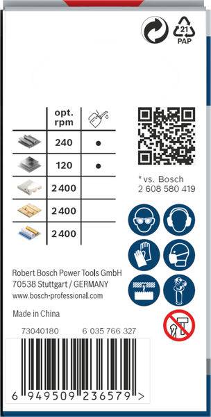 'Achterkant van Bosch-verpakking met QR-code, symbolen voor machinaal gebruik en technische gegevens voor schuurpapier-opzetstukken.'